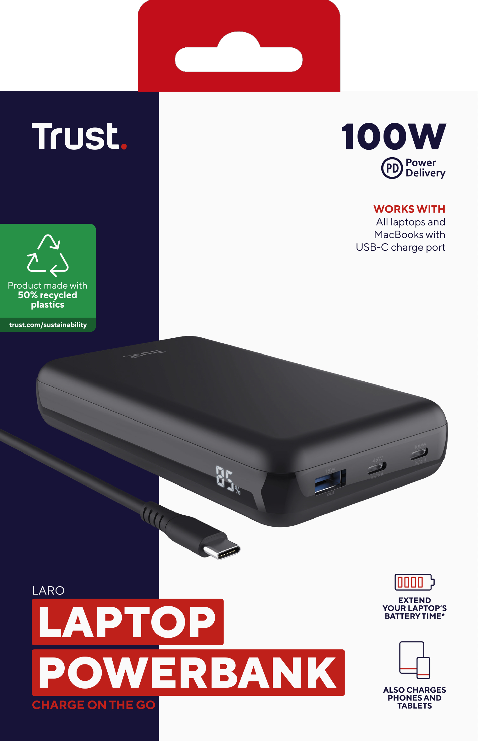Акумулятор портативний літій-іонний power bank Trust Laro, 20000 мА·год, USB-A/2хUSB- C, 100w, чорний